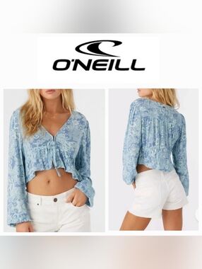 O’Neill Alena Blue Paisley Cropped Top Flowy Ruffle Coastal Boho Chic